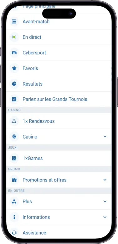 1xbet menu