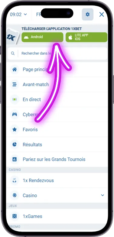 Option téléchargement 1xbet app